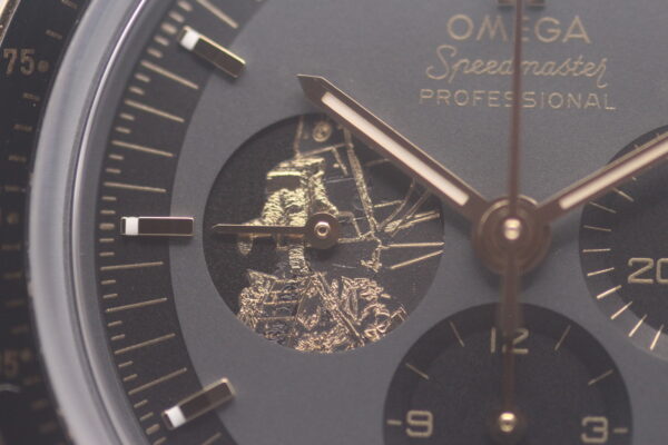 Omega Speedmaster Apollo 11 50th Anniversary Limited Edition close up on dial, depicting a sub-dial with man on moon