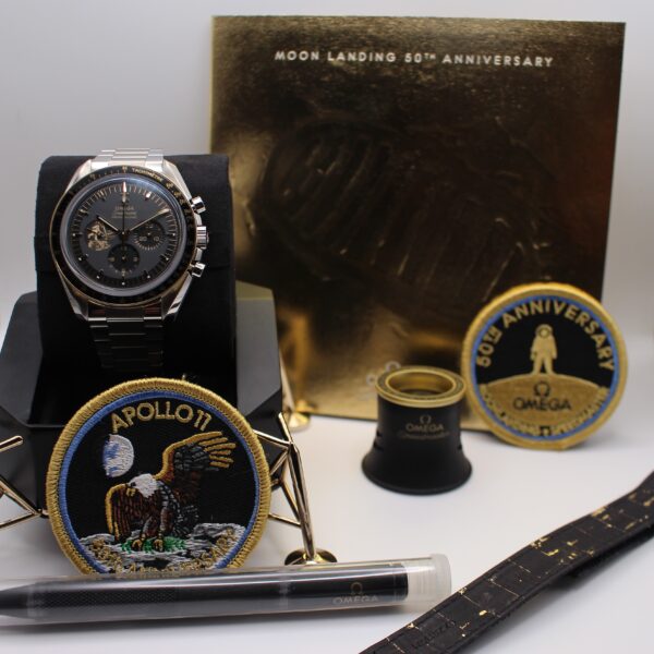 Omega Speedmaster Apollo 11 50th Anniversary Limited Edition, watch and accessories photographed together