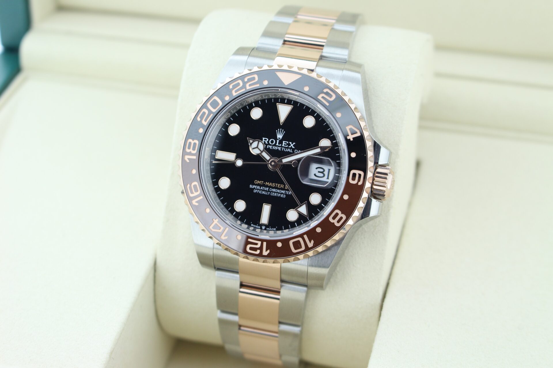 Rolex GMT Master II Rootbeer 126711CHNR facing to the left to show the right angle