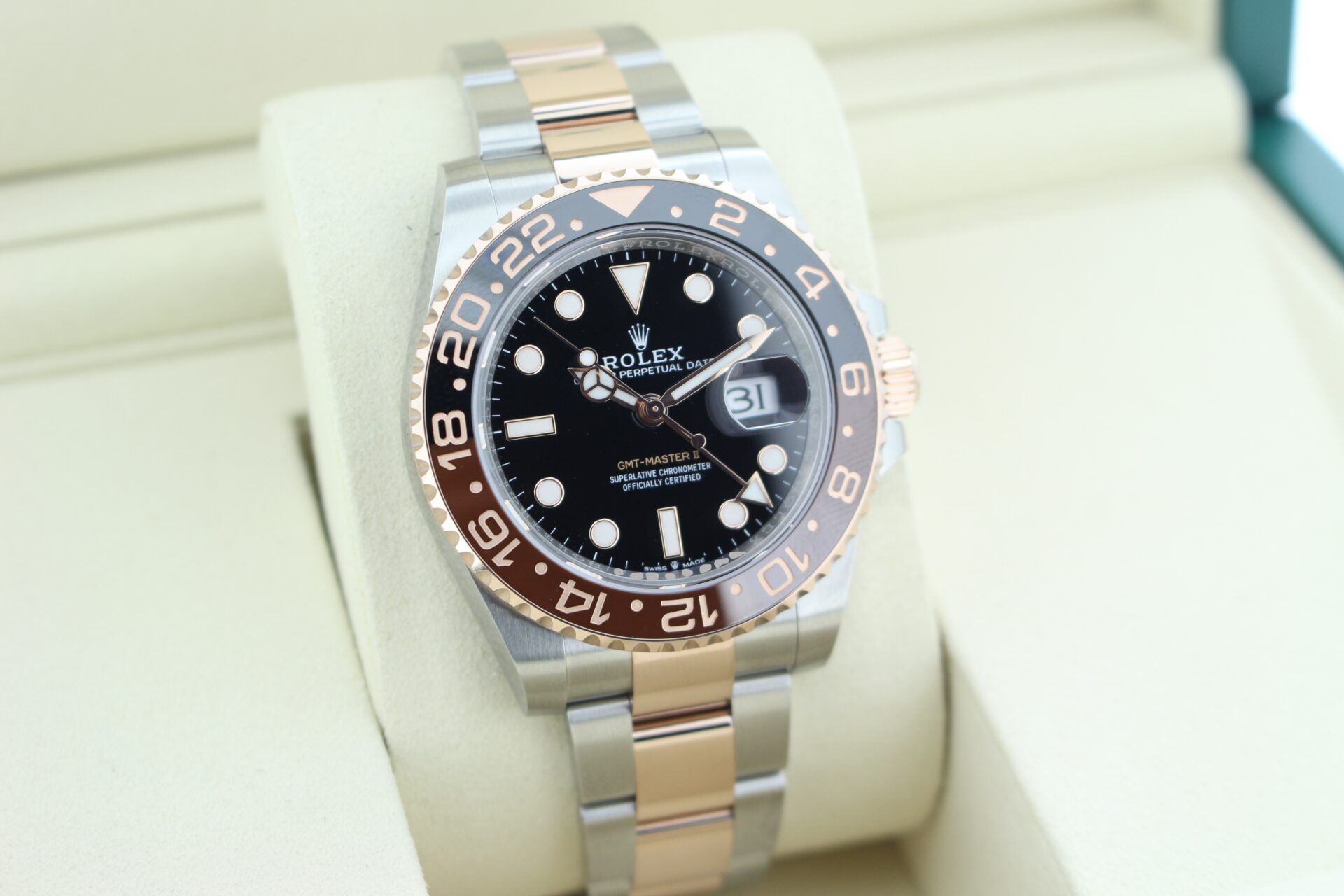 Rolex GMT Master II Rootbeer 126711CHNR facing towards the right to show the left angle