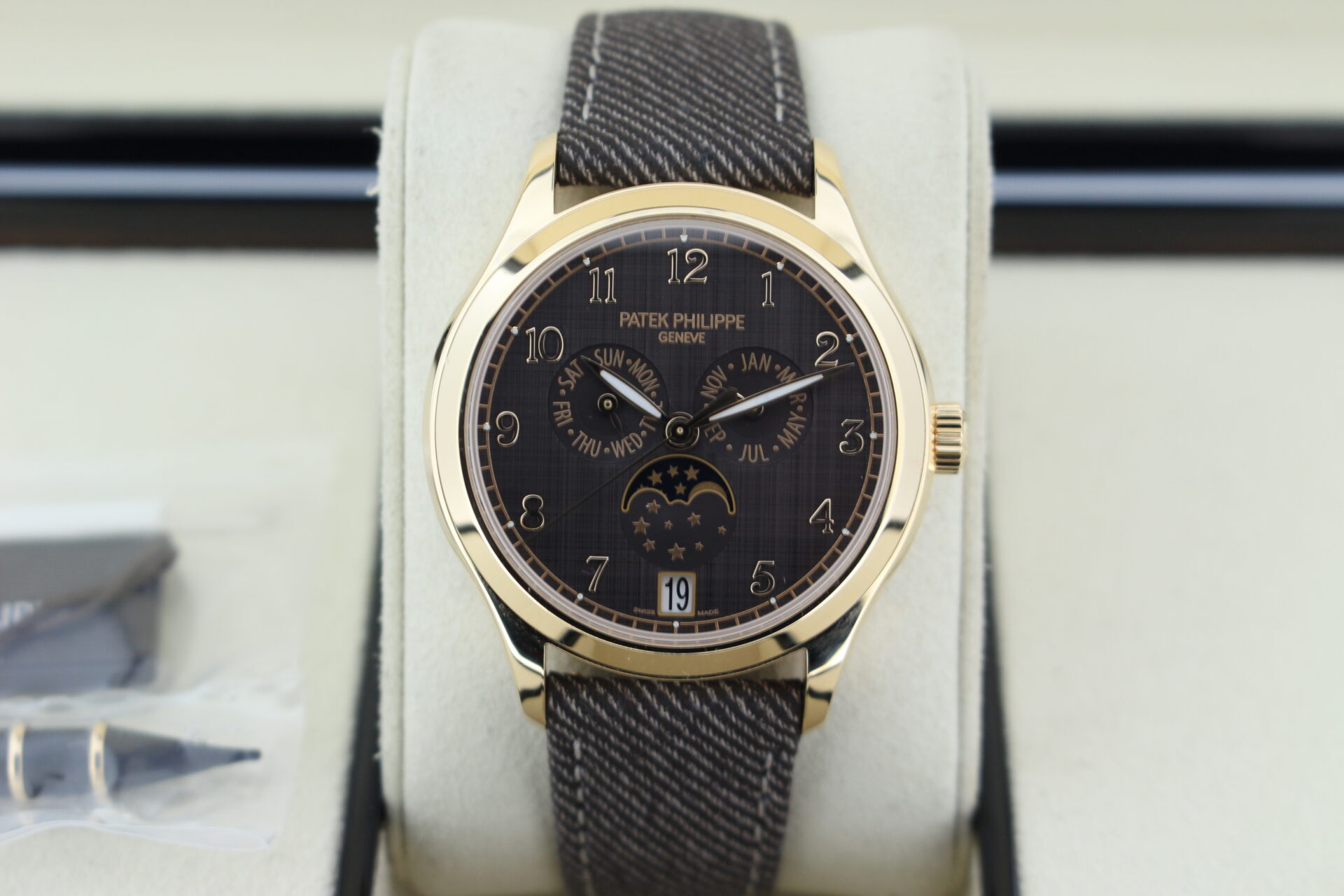 Close up of Patek Philippe Complications 4946R-001 in it's box with swing tag and swing tag