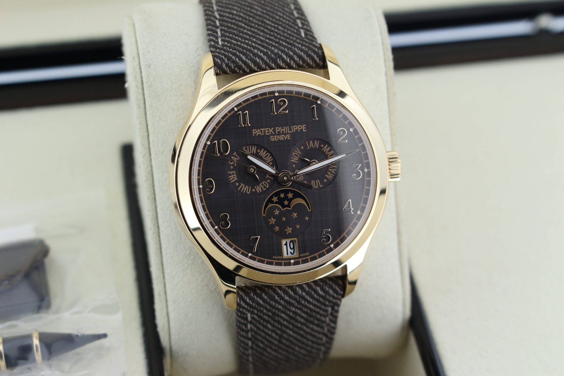 Patek Philippe Complications 4946R-001 facing towards the right to show the left angle