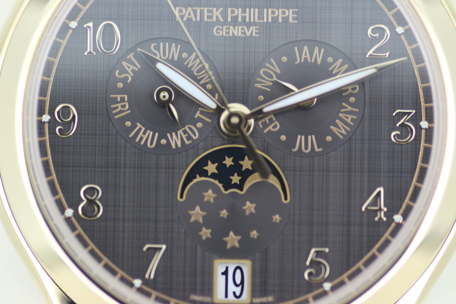 Close up of Patek Philippe Complications 4946R-001 watch face