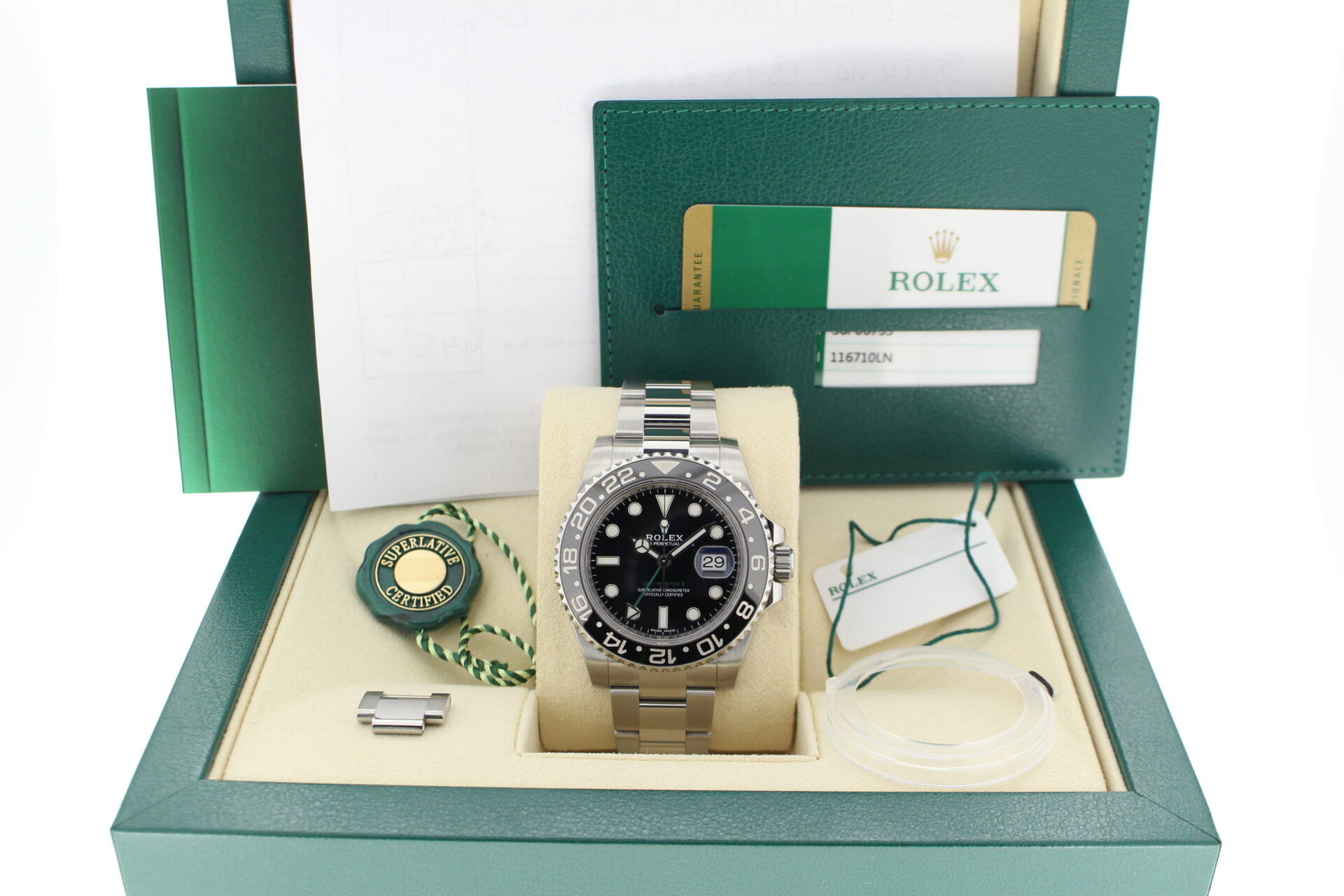 Rolex GMT Master II 116710LN in it's box with both swing tags, original purchase receipt, booklets and warranty card
