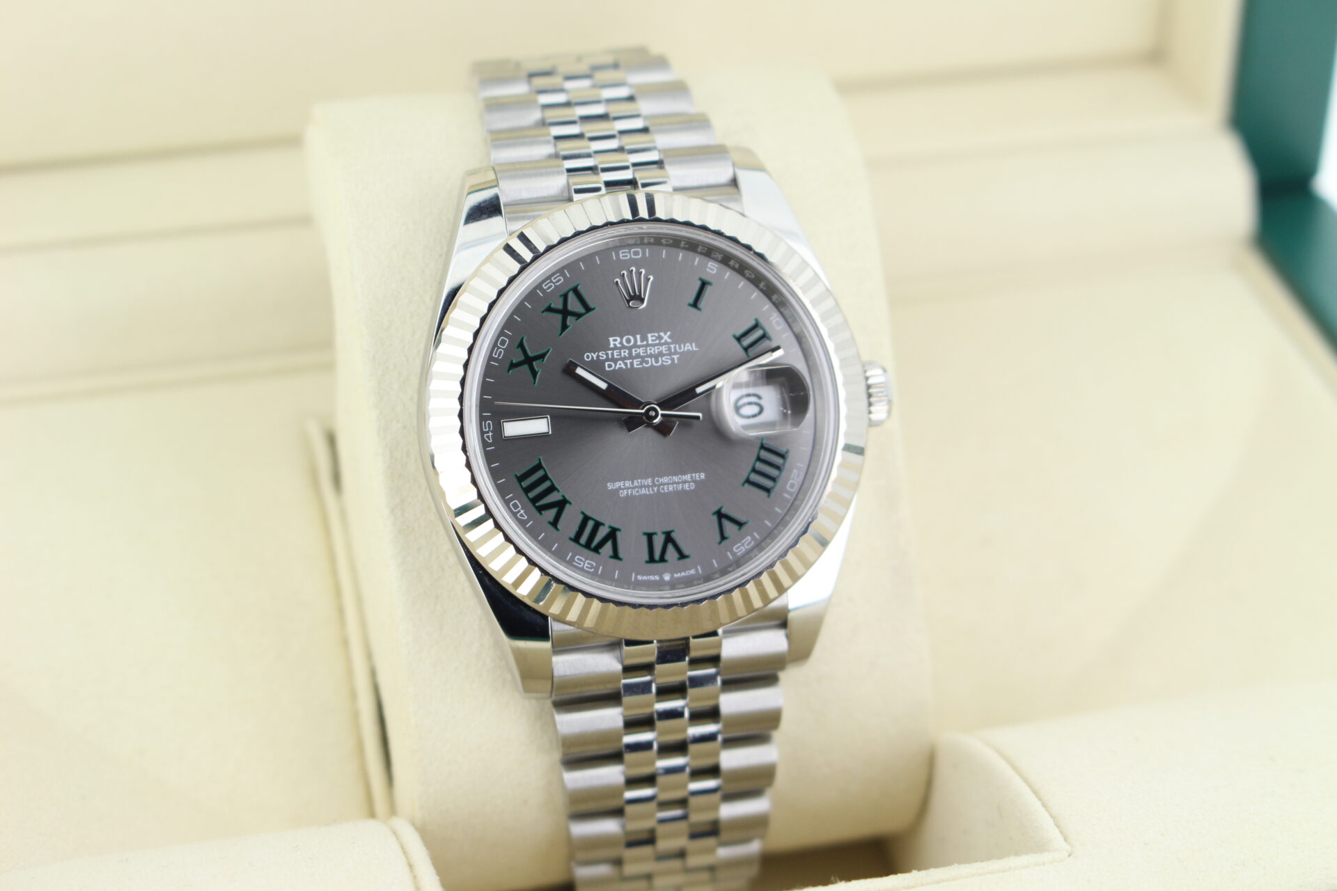 Rolex Datejust 41 Wimbledon 126334 facing towards the right to show the left angle