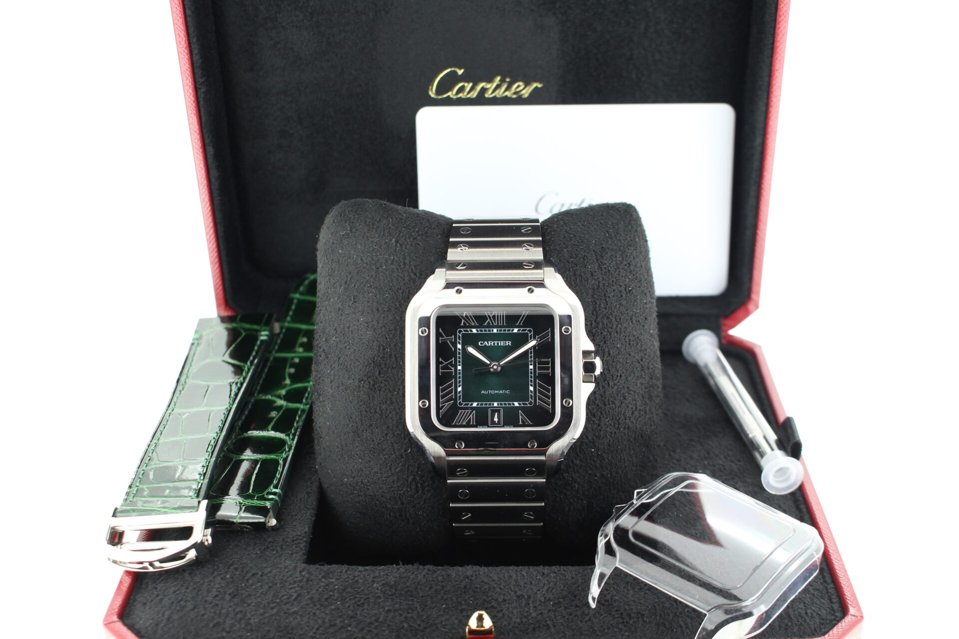 Cartier De Santos Green Large in it's box with bezel protector, strap changing tool, green leather interchangeable strap