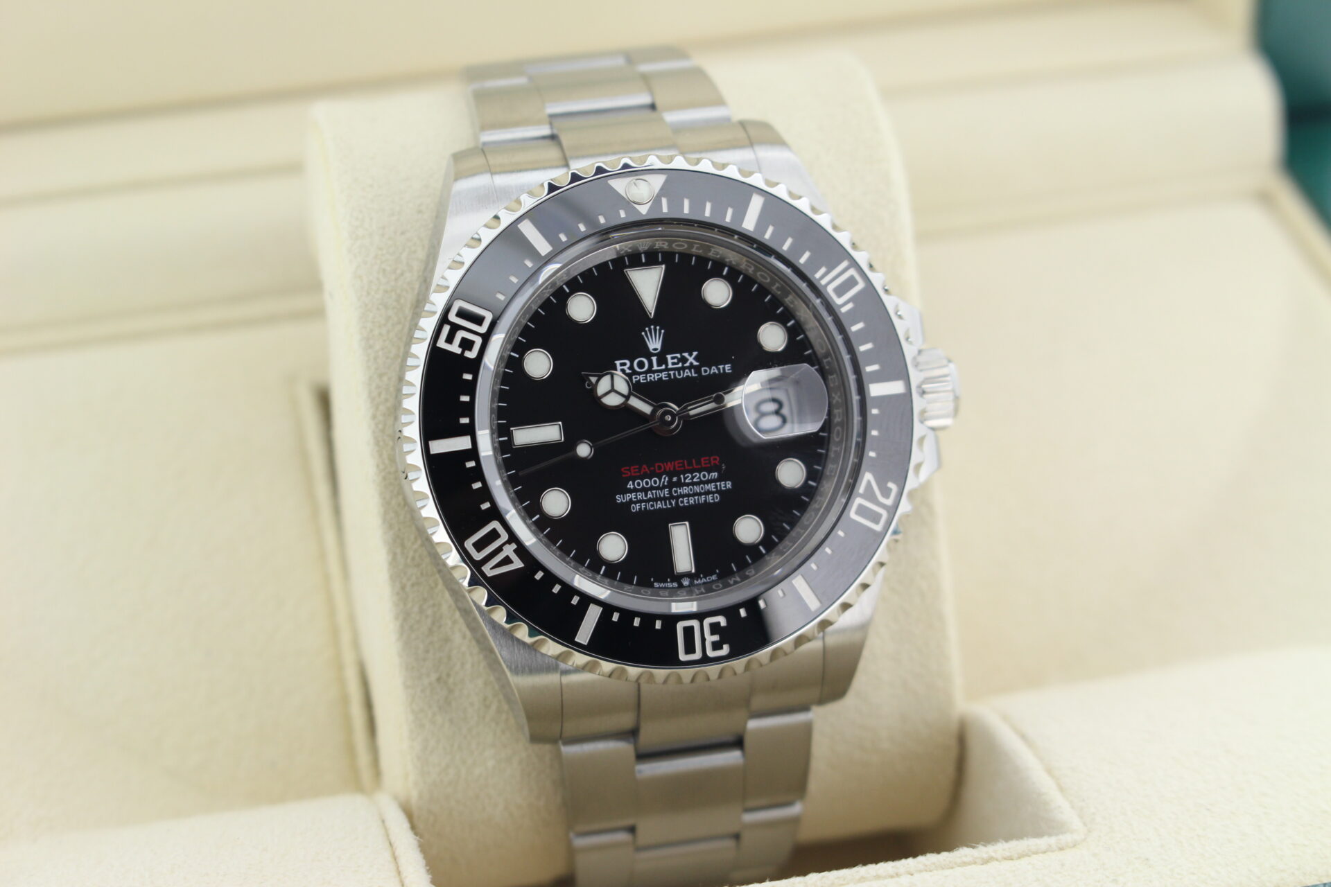 Rolex Sea-Dweller 50th Anniversary 126600 facing towards the right to show the left angle