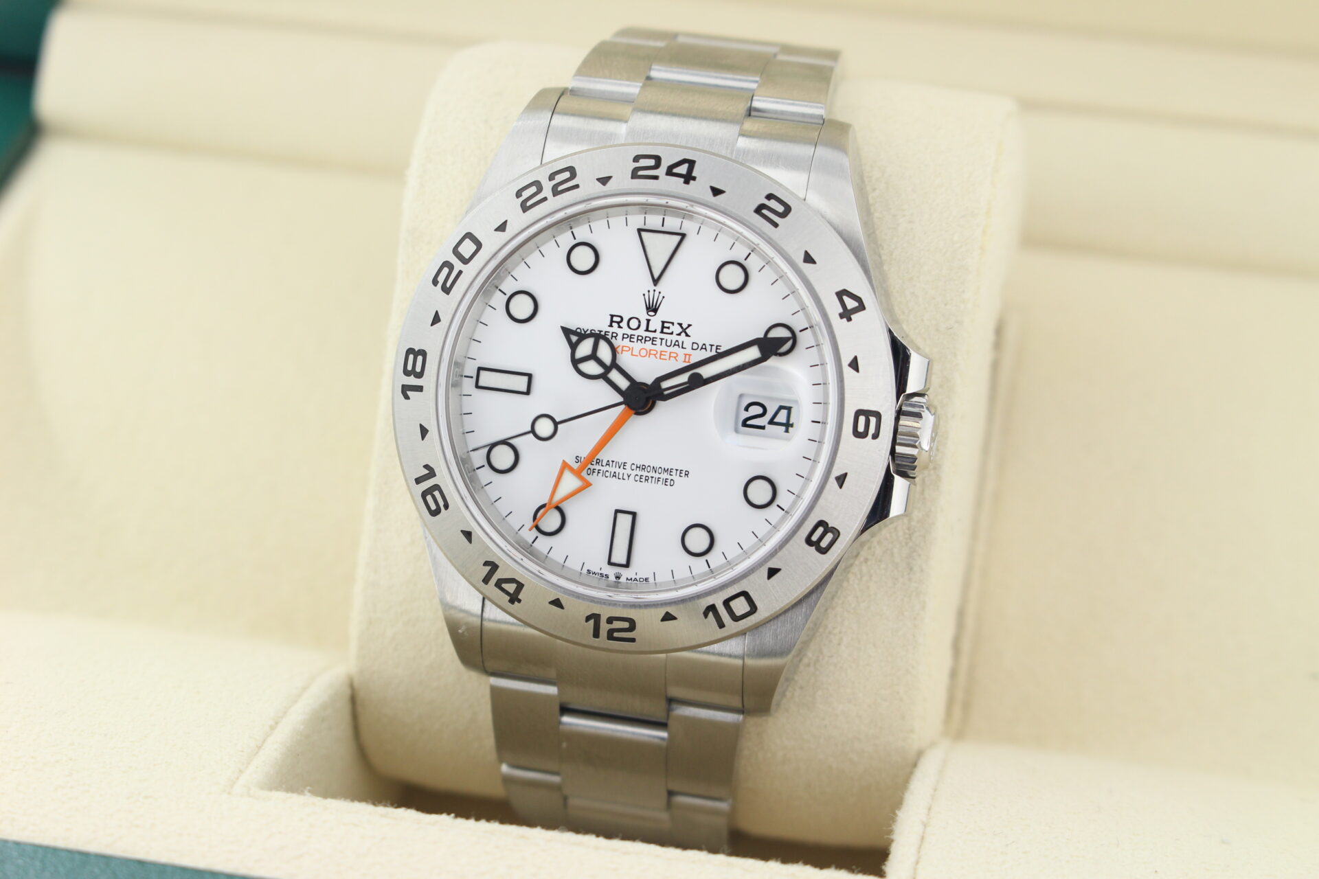 Rolex Explorer II Polar 226570 facing towards the left to show the right angle