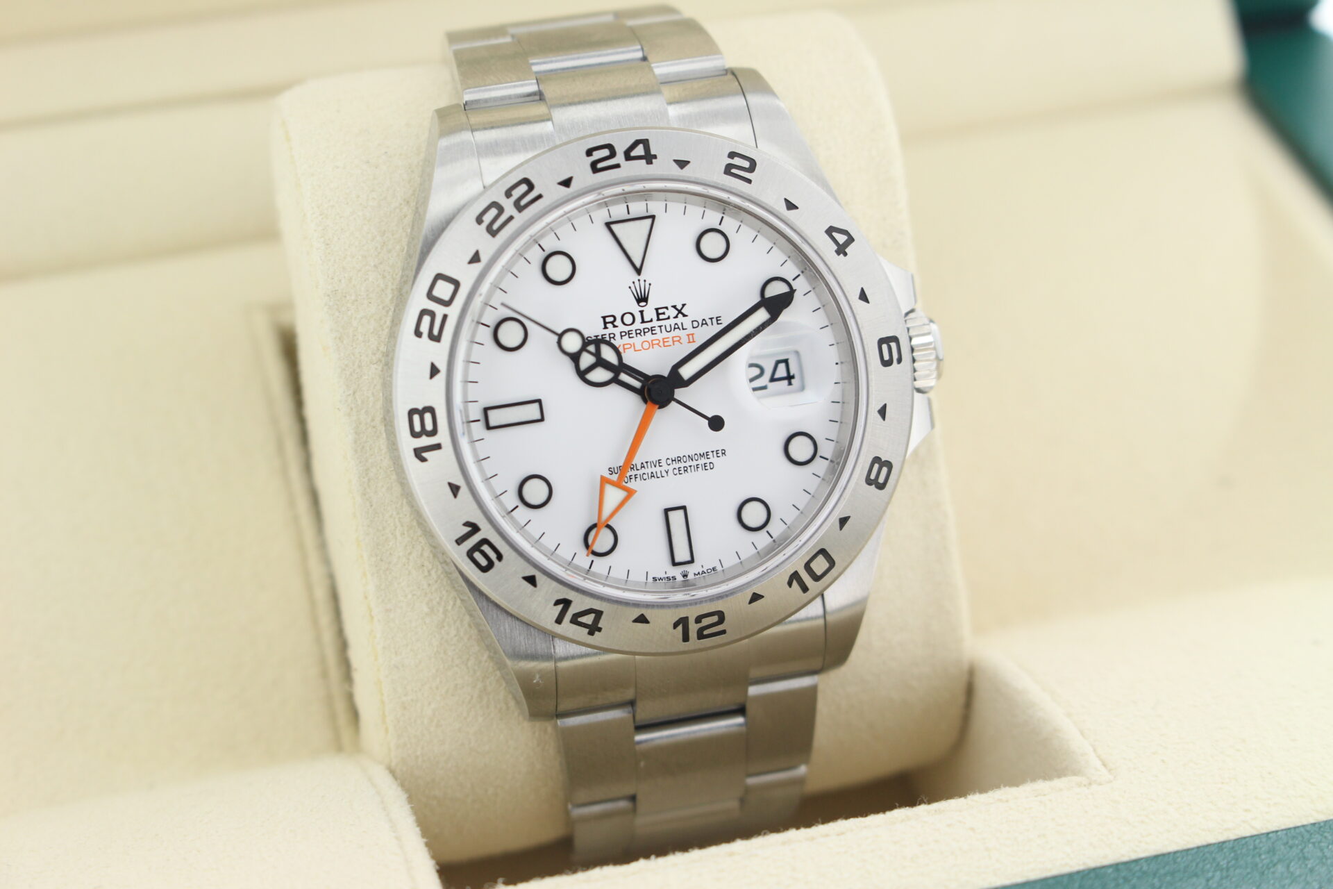 Rolex Explorer II Polar 226570 facing towards the right to show the left angle