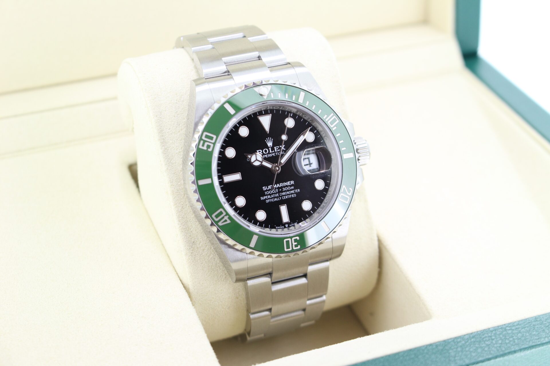 Rolex Submariner Starbucks 41mm 126610LV facing towards the right to show the left angle