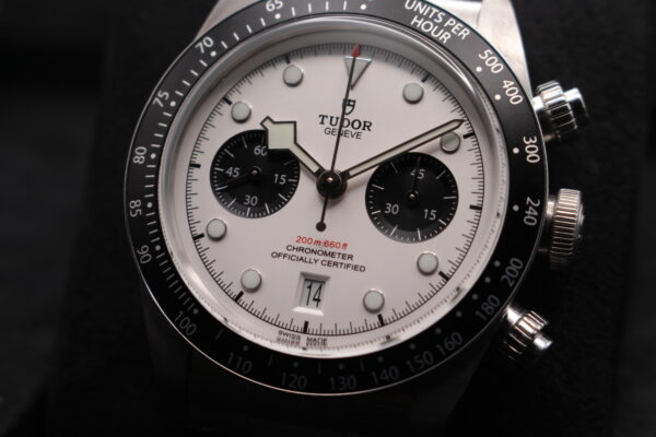 Close up picture of a Tudor Black Bay Chrono Panda Watch Dial