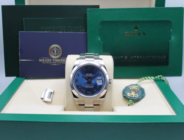 Rolex Datejust Azzuro 126300 in its box with all papers, link, swing tag a ns Solent Timepieces business card