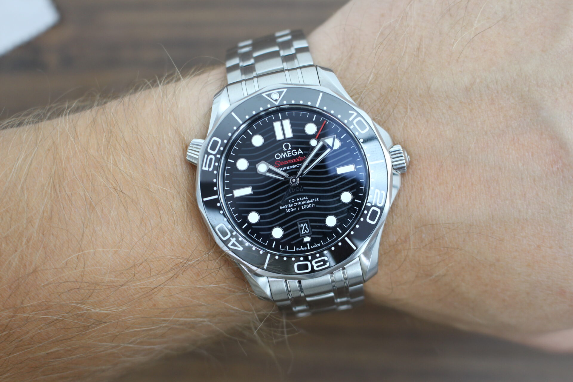 Omega Seamaster Diver Black 300m on a wrist