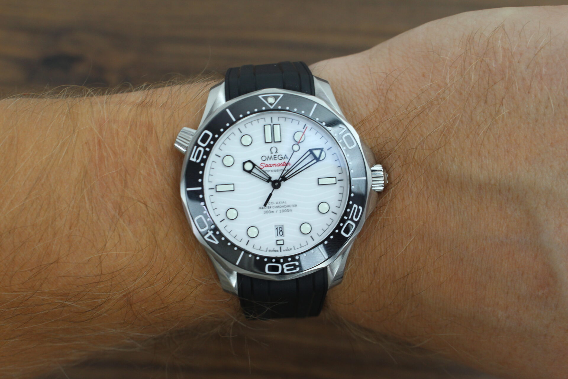 Omega Seamaster 300m White on a wrist