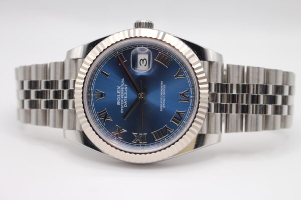 Rolex Datejust 41mm on a jubilee bracelet with an Azzurro dial on a white background