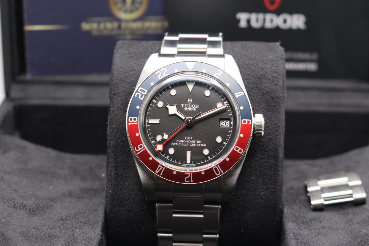 Tudor GMT Pepsi sat upright in its box