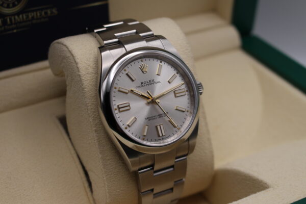 Rolex Oyster Perpetual 41mm facing towards the right to show its left side