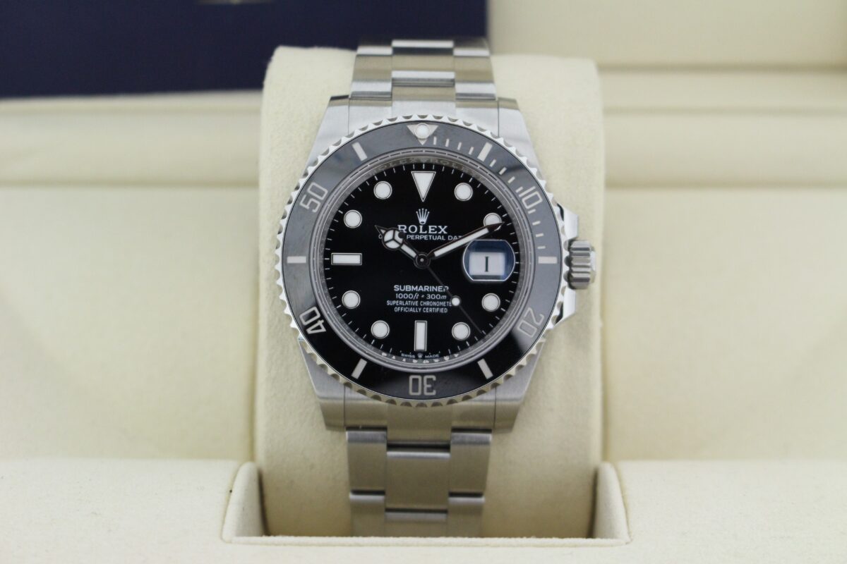 Rolex Submariner Date sat upright in its box