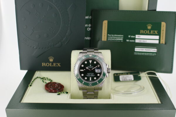 Rolex Hulk 116610LV in its box with booklets, swing tags, bezel protector and Solent Timepieces business card