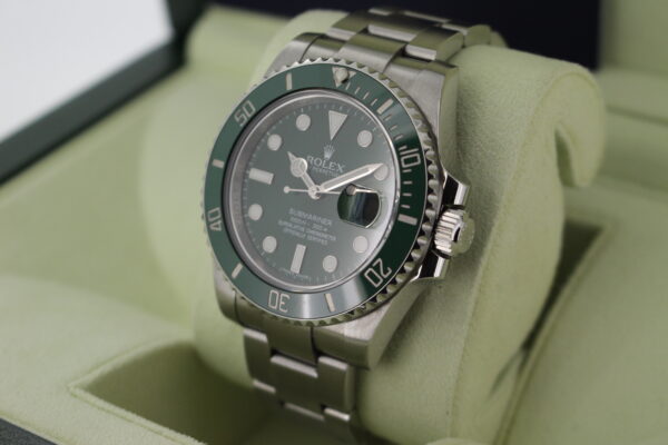 Rolex Hulk 116610LV facing towards the left showing the right side