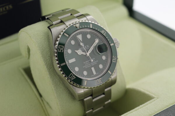 Rolex Hulk 116610LV facing towards the right to show the left side