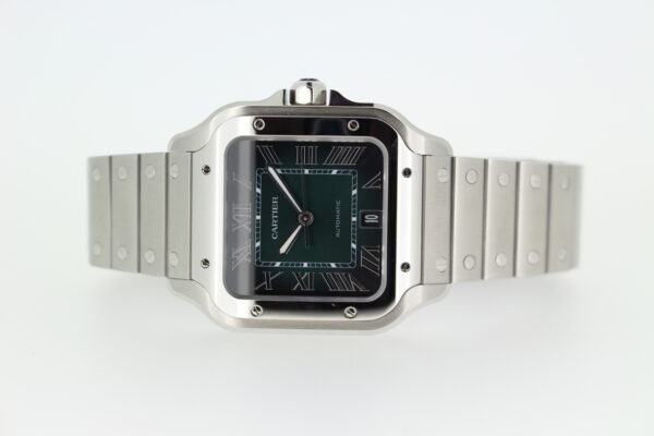 Cartier De Santos Green Large laid on its side on a white background