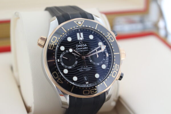 Omega Seamaster Sedna facing towards the right, showing the left side