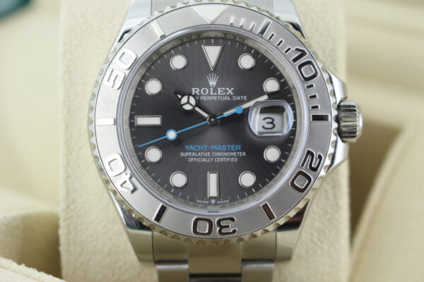 Close up of a Rolex Yacht-Master 40 dial with a rhodium dial and baby blue seconds hand