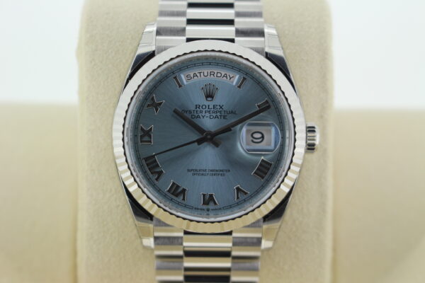 Rolex Day-Date 36mm Platinum with an ice blue dial