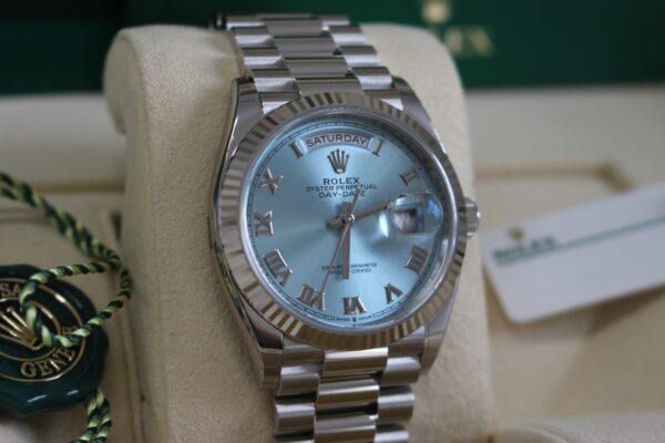 Close up of the day date ice blue dial