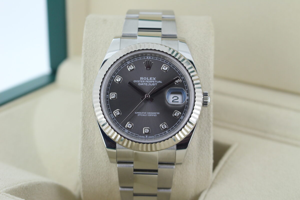 Rolex Datejust on an Oyster bracelet with a slate diamond dial