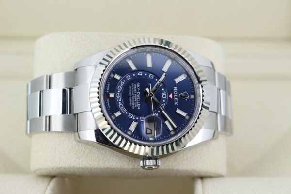 Side view of a Rolex Sky-Dweller blue dial with light reflecting of the dial
