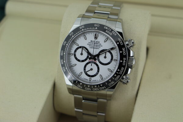 Rolex Daytona 'Panda' 126500 in it's box facing towards the right to show the left side of the watch