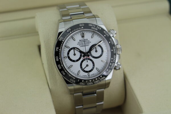 Rolex Daytona 'Panda' 126500 in it's box facing towards the right to show the left side of the watch