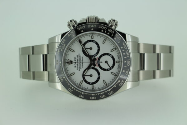 Rolex Daytona 'Panda' 126500 new reference, white dial, black sub dials, black bezel on a white background