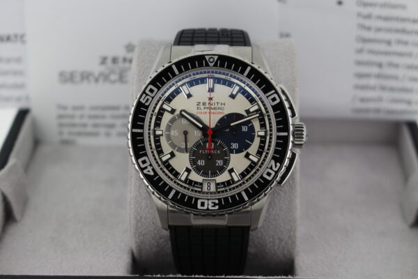 Zenith El primero on a rubber bracelet with a silver dial