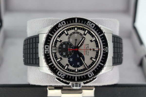 Stratos FlyBack Striking 10th leaned over on its side showcasing the sub dials and red seconds hand