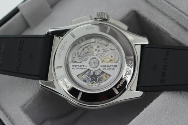 Sapphire caseback on a zenith El Primero Stratos showcasing the zenith movement