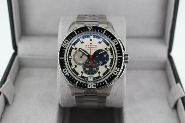 Zenith El Primero Stratos FlyBack Striking 10th Mens Watch fitted on the stainless steel bracelet