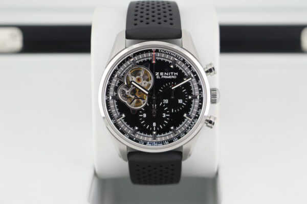 Zenith El Primero watch with an open heart dial looking into the movement fitted on a rubber strap