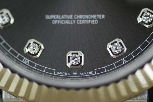 Rolex Datejust Diamond Slate Dial 126334 close up showing 'SWISS MADE' and diamonds