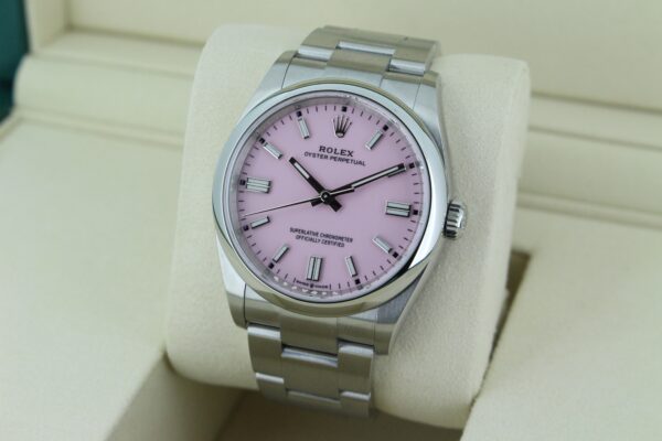 Rolex Oyster Perpetual 36 126000 with pink dial facing towards the left
