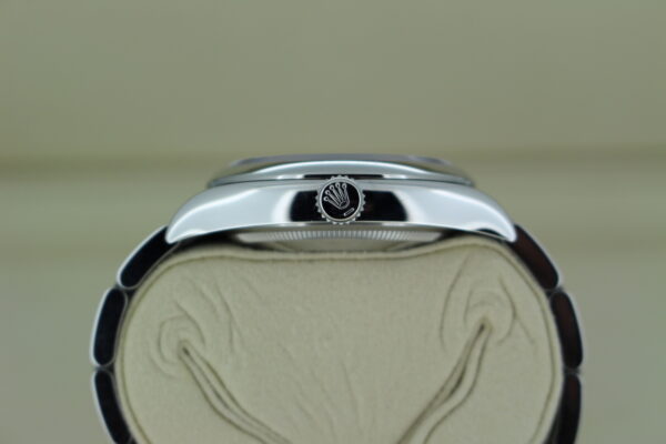 Rolex Oyster Perpetual 36 126000 front view of crown, depicting the famous Rolex logo