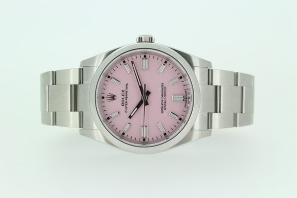 Rolex Oyster Perpetual 36 126000 with a pink dial on a white background