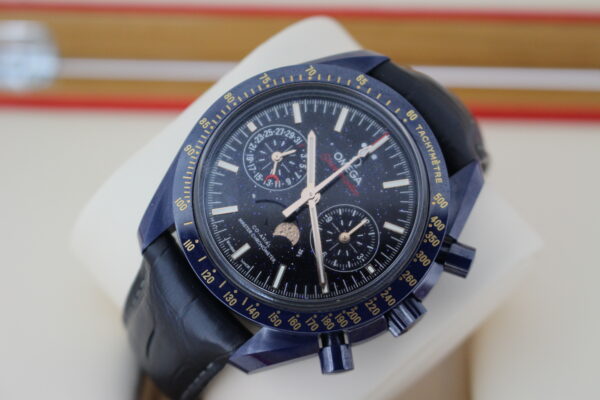 Tilted view of the speedmaster blue side of the moon
