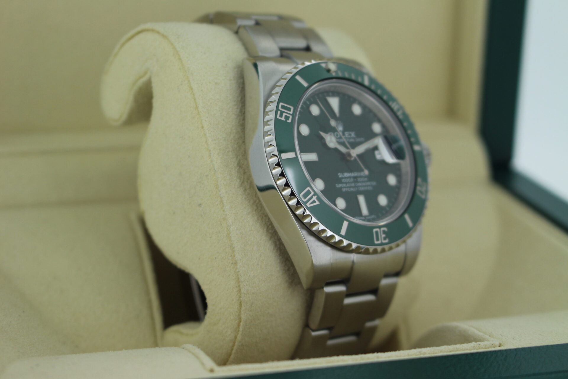 Rolex Submariner Hulk 126610LV facing towards the left to show the right angle