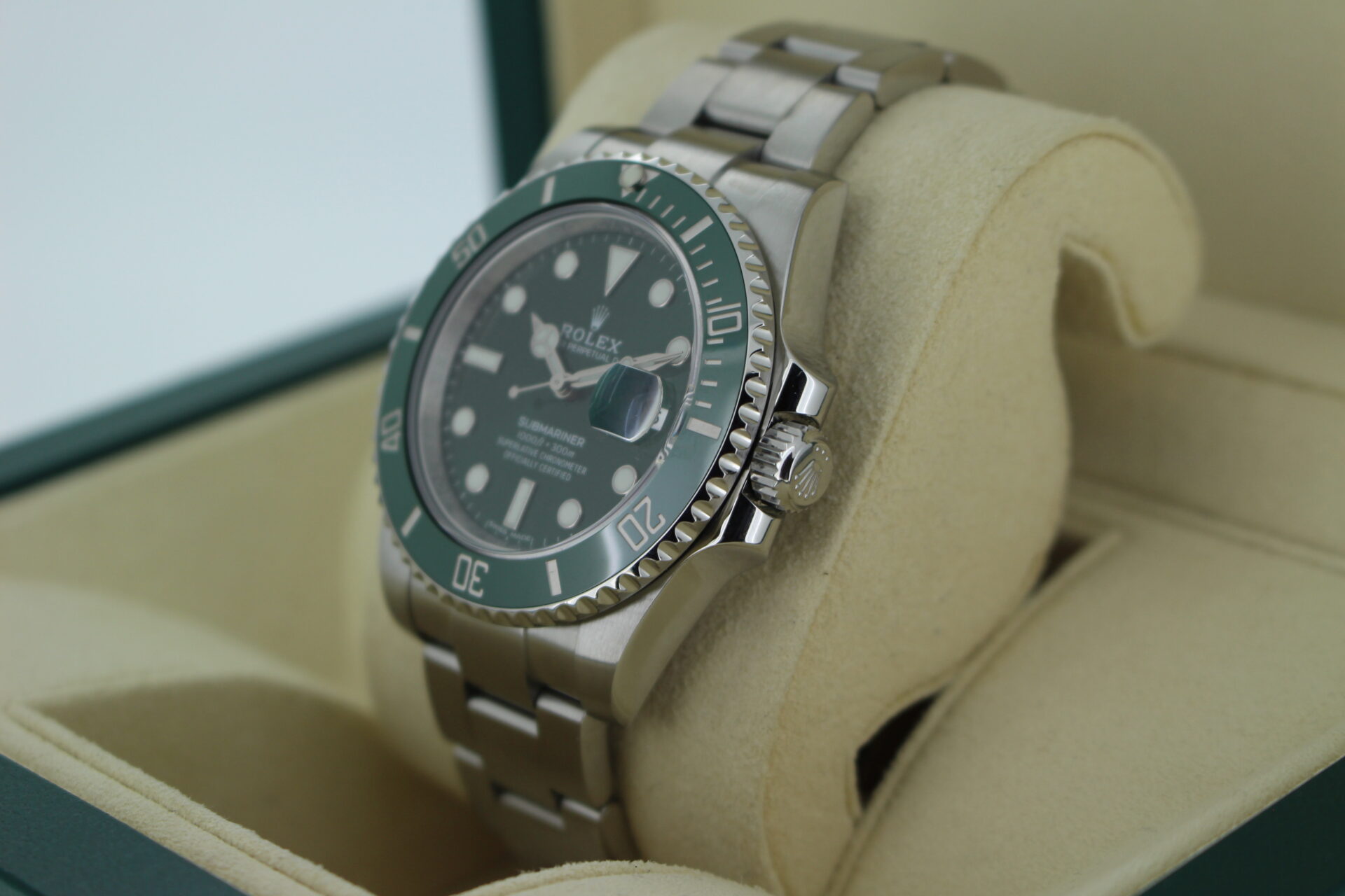 Rolex Submariner Hulk 126610LV facing towards the left to show the right angle