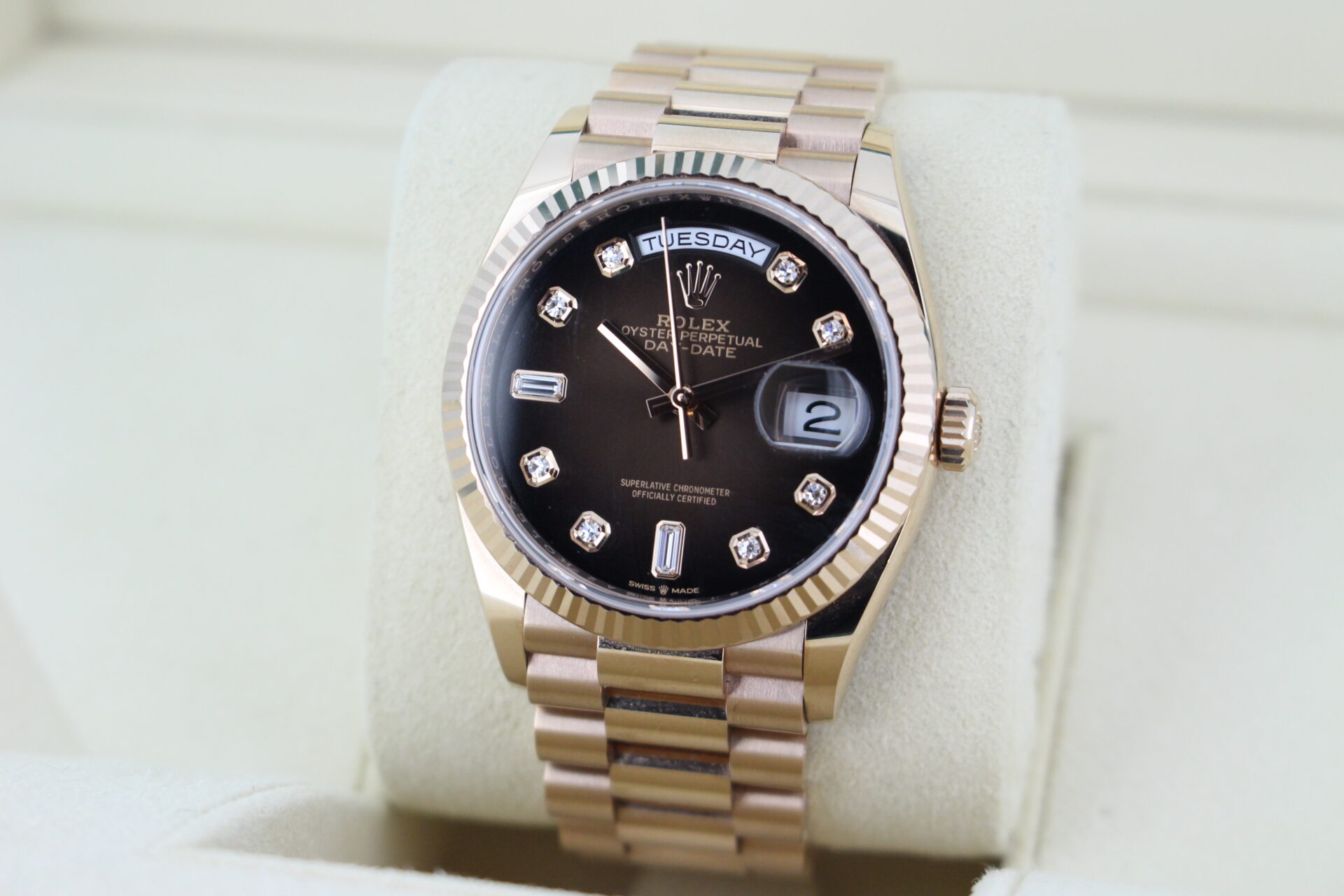Rolex Day Date Chocolate Dial 128235 facing towards the left to show the right angle