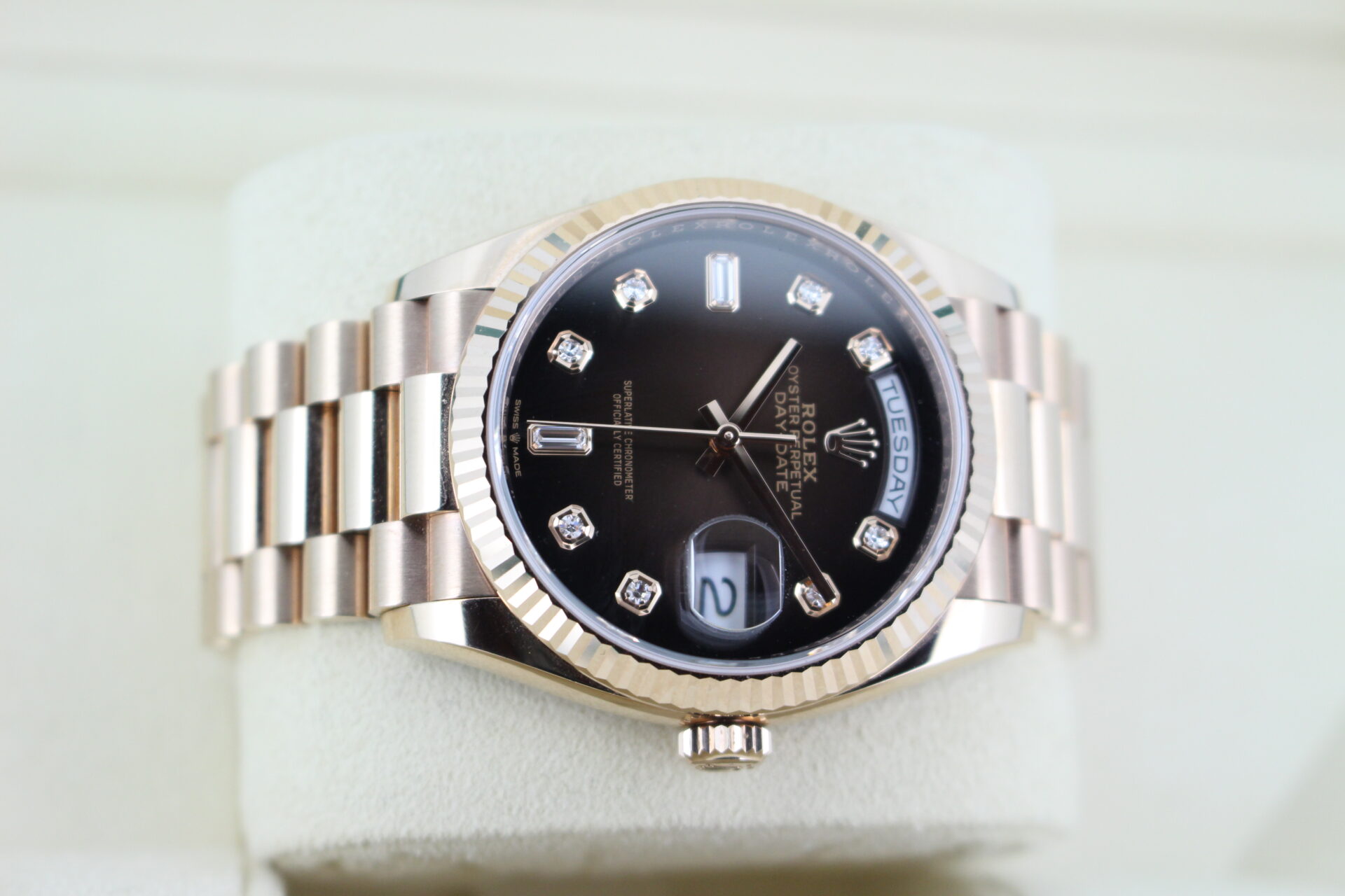 Rolex Day Date Chocolate Dial 128235 on it's side