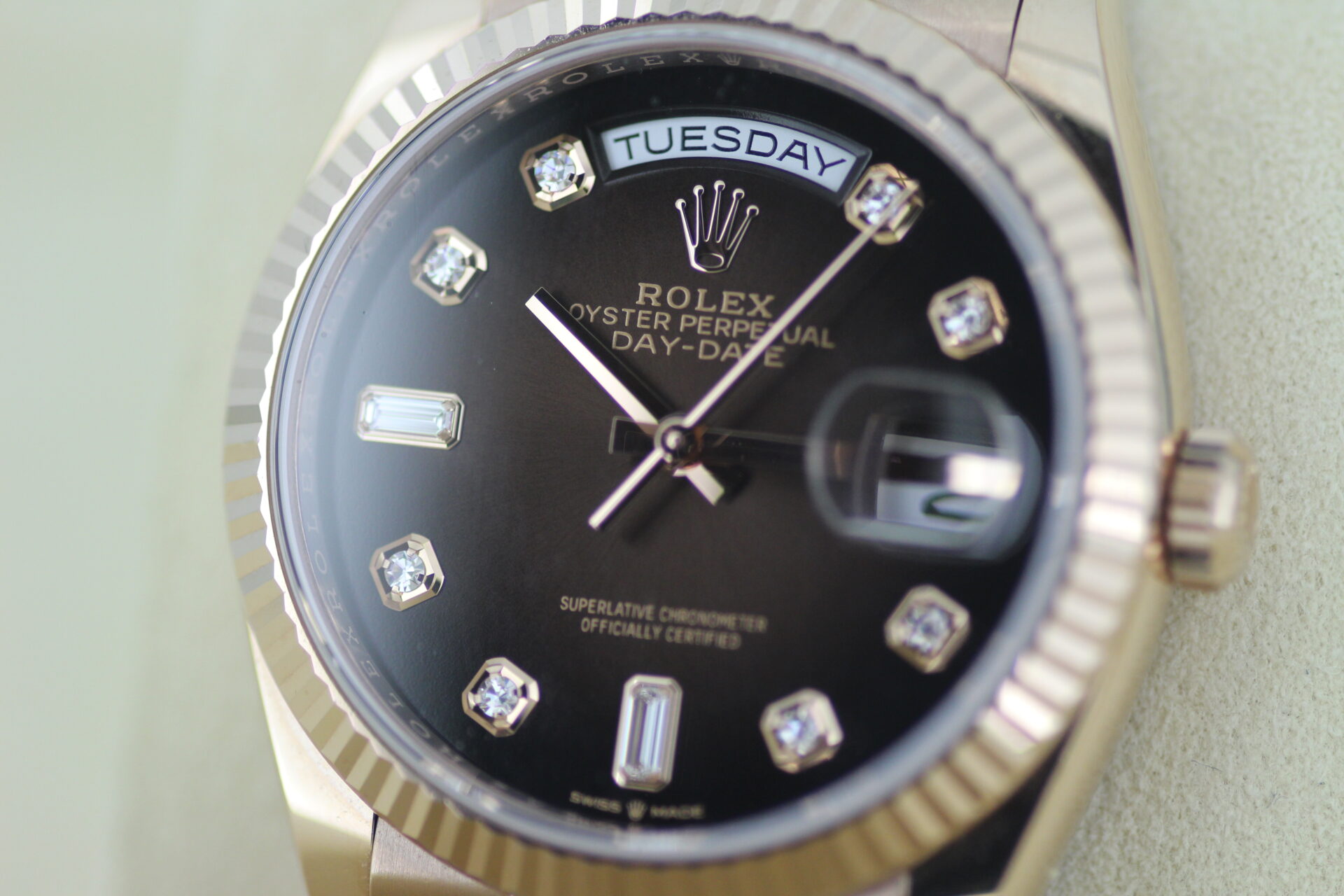 Close up of Rolex Day Date Chocolate Dial 128235 dial